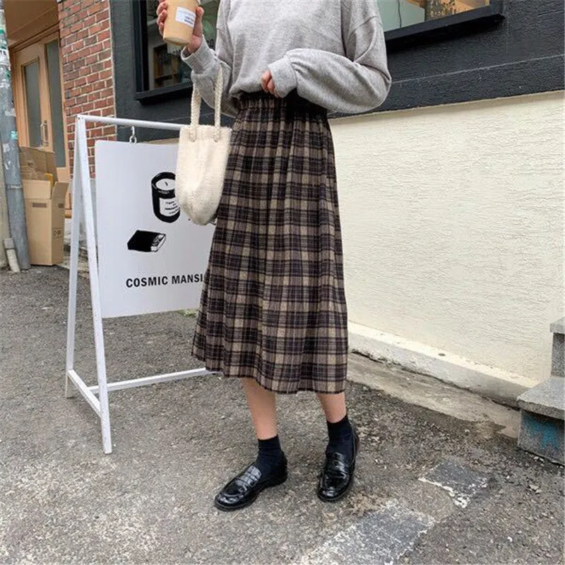 Voguable Vintage Wool Pleated Plaid Skirt Women High Waist Plus Size Long Skirt Autumn Winter Harajuku Female Party Skirt Streetwear