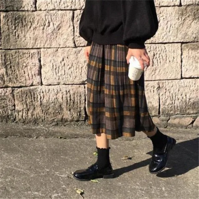 Voguable Vintage Wool Pleated Plaid Skirt Women High Waist Plus Size Long Skirt Autumn Winter Harajuku Female Party Skirt Streetwear
