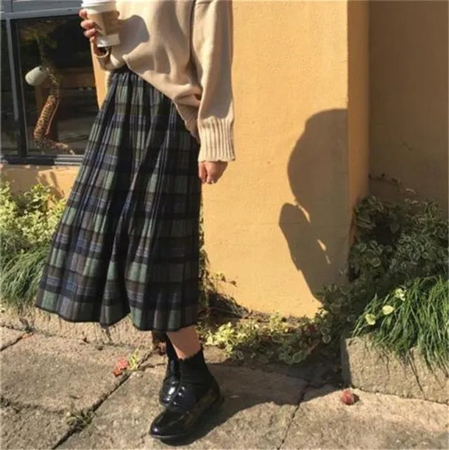 Voguable Vintage Wool Pleated Plaid Skirt Women High Waist Plus Size Long Skirt Autumn Winter Harajuku Female Party Skirt Streetwear