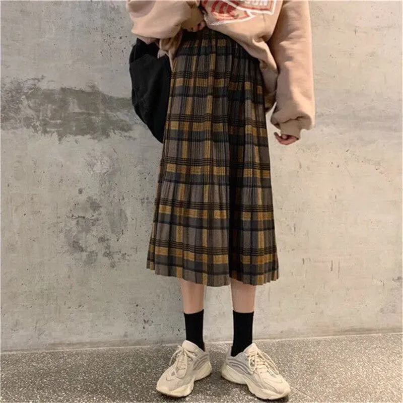 Voguable Vintage Wool Pleated Plaid Skirt Women High Waist Plus Size Long Skirt Autumn Winter Harajuku Female Party Skirt Streetwear