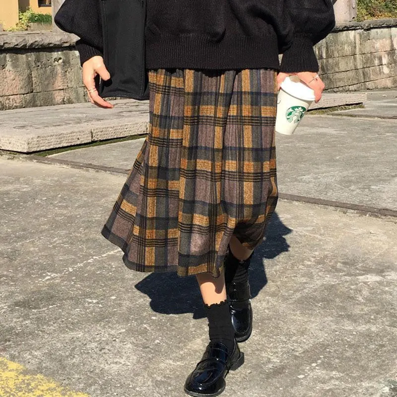 Voguable Vintage Wool Pleated Plaid Skirt Women High Waist Plus Size Long Skirt Autumn Winter Harajuku Female Party Skirt Streetwear