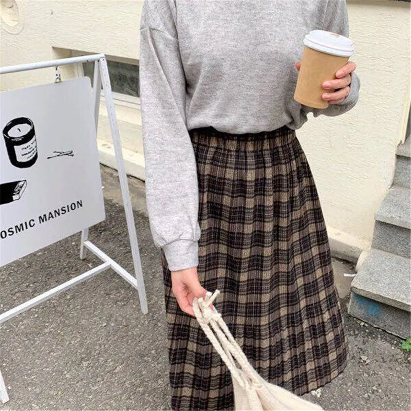 Voguable Vintage Wool Pleated Plaid Skirt Women High Waist Plus Size Long Skirt Autumn Winter Harajuku Female Party Skirt Streetwear