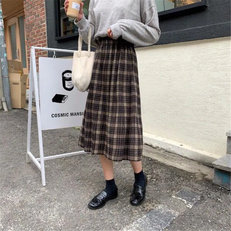 Voguable Vintage Wool Pleated Plaid Skirt Women High Waist Plus Size Long Skirt Autumn Winter Harajuku Female Party Skirt Streetwear