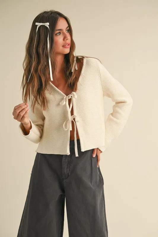 Waitlist 4/20 ♥ Joelle Long Sleeve Bow Tie Knit Cardigan Sweater Beige