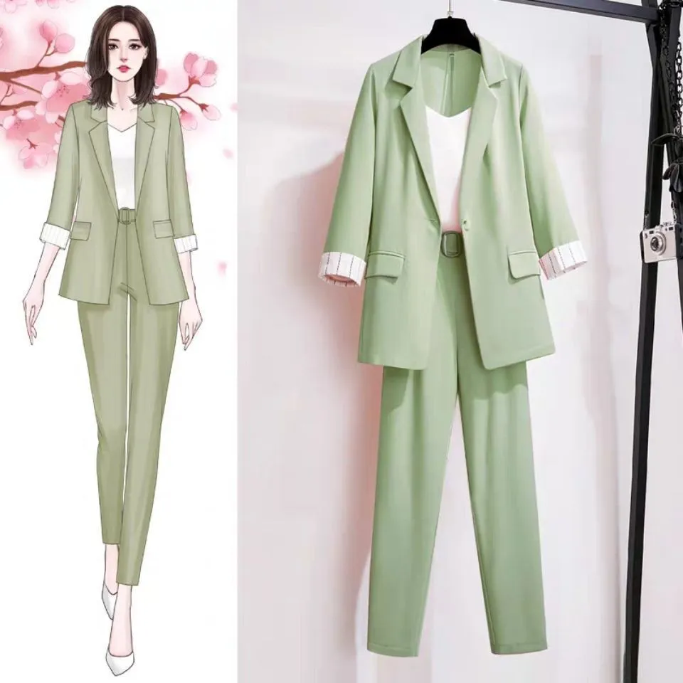 Wjczt 2022 Summer New Elegant Women's Pants Suit Stripe Flanging Long Sleeve Suit Jacket Vest Trousers Three Piece Set Female Blazer