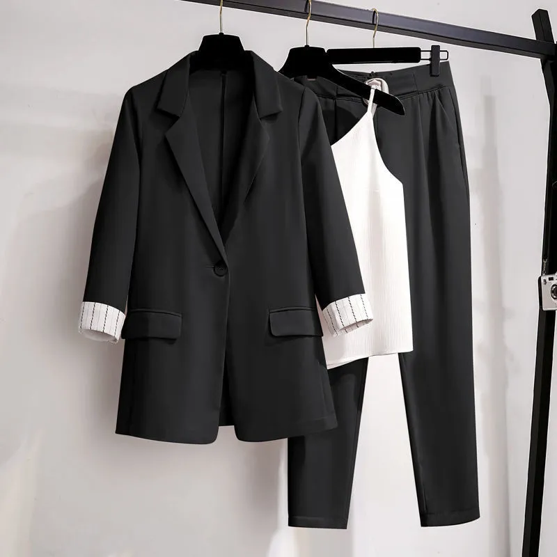 Wjczt 2022 Summer New Elegant Women's Pants Suit Stripe Flanging Long Sleeve Suit Jacket Vest Trousers Three Piece Set Female Blazer