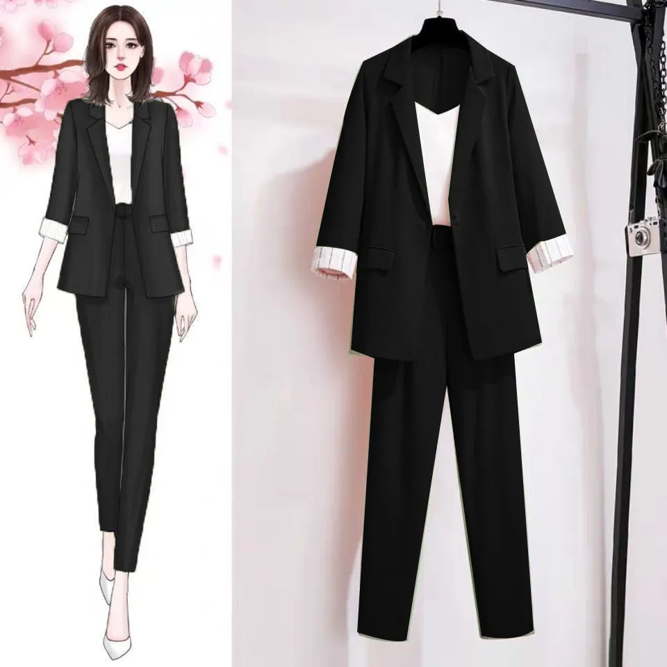 Wjczt 2022 Summer New Elegant Women's Pants Suit Stripe Flanging Long Sleeve Suit Jacket Vest Trousers Three Piece Set Female Blazer