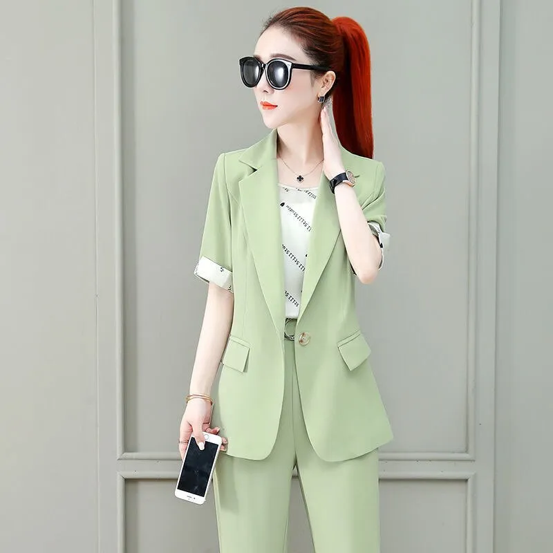 Wjczt 2022 Summer New French Elegant Women's Pants Suit Slim Jacket Office Blazer Casual Trousers Two-piece Set Female Tracksuit Set