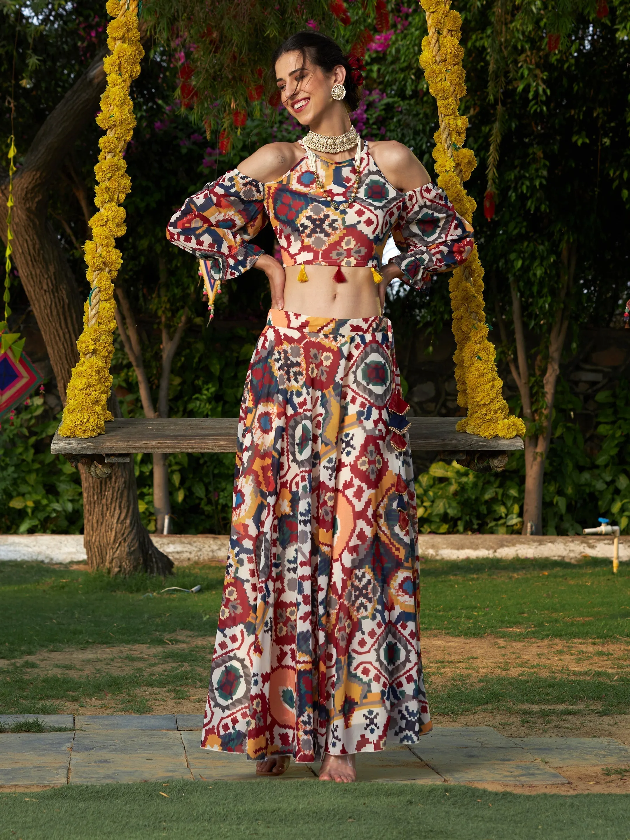 Women Beige Ikat Print Bias Flared Skirt