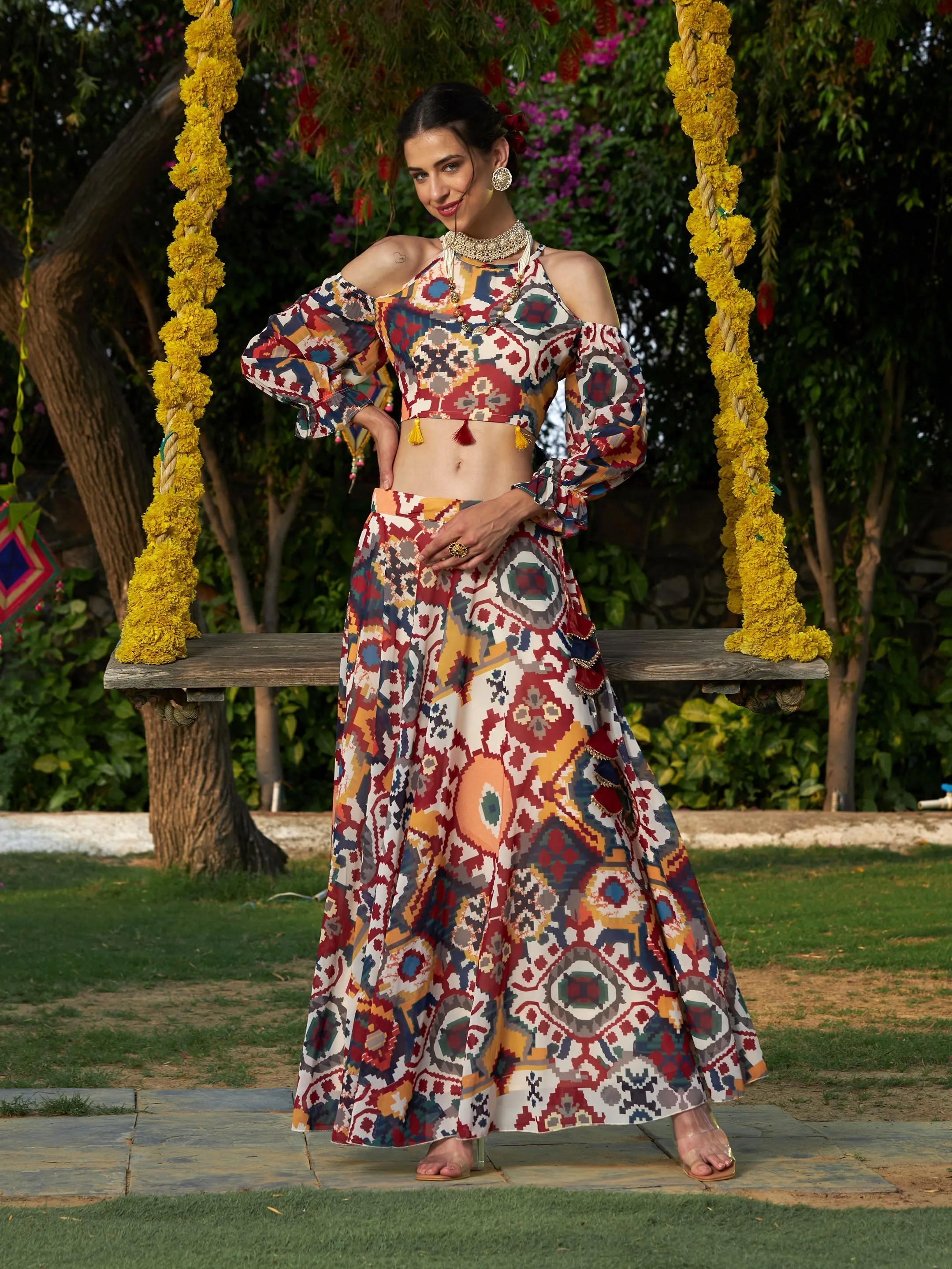 Women Beige Ikat Print Bias Flared Skirt