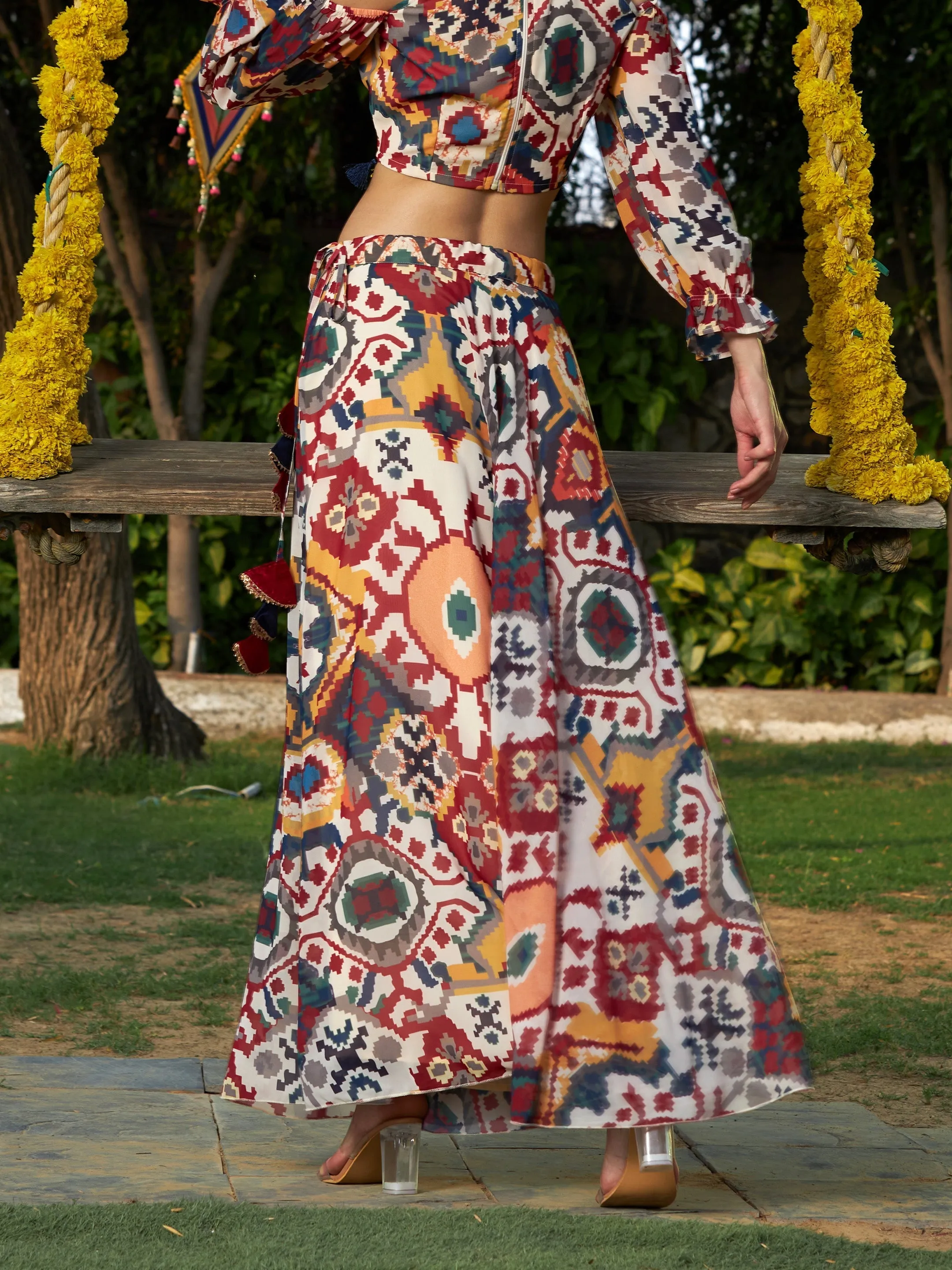 Women Beige Ikat Print Bias Flared Skirt