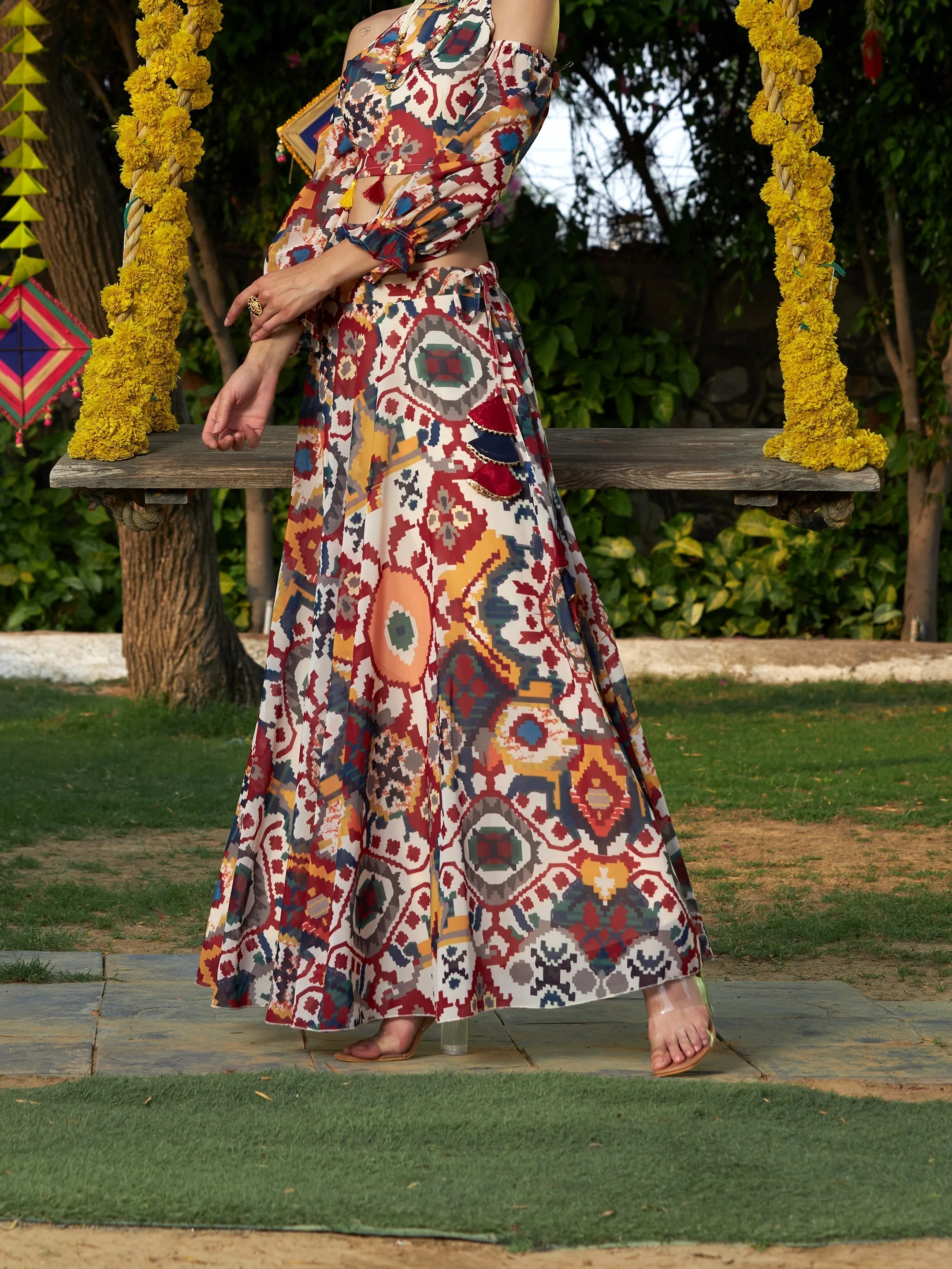Women Beige Ikat Print Bias Flared Skirt