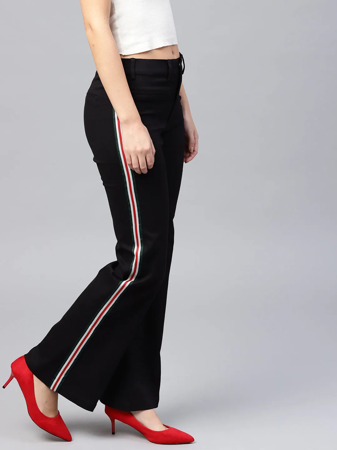 Women Black Side Tape Bell Bottom Pants