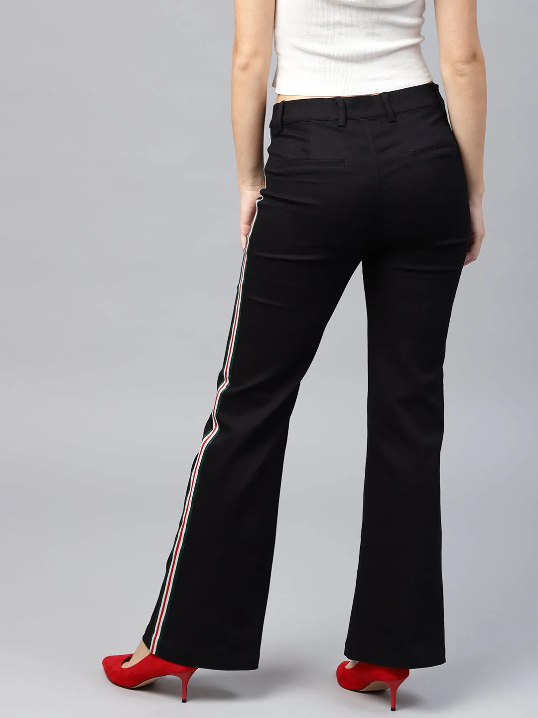 Women Black Side Tape Bell Bottom Pants
