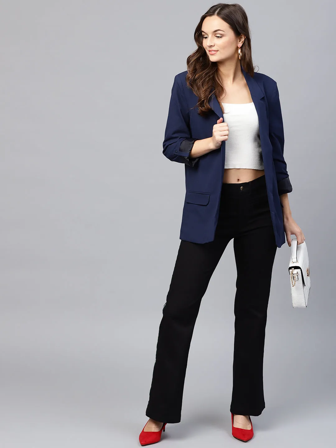 Women Black Side Tape Bell Bottom Pants