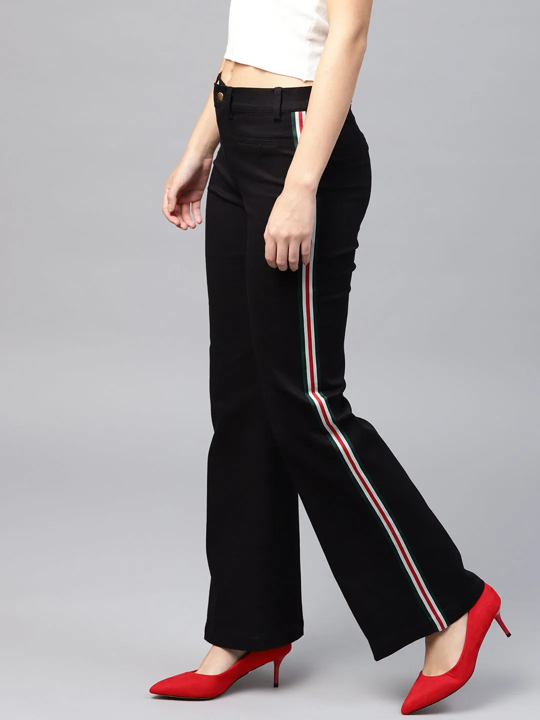 Women Black Side Tape Bell Bottom Pants